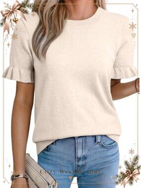 Womens Summer Sweater Crew Neck Puff Short Sleeve Lightweight Knit Top